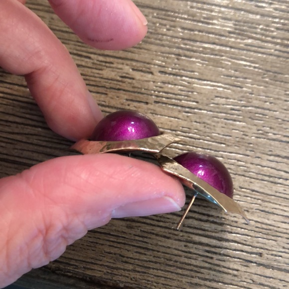 Vintage Hammered Brass Hexagon Earrings with Purple Center - Picture 7 of 14